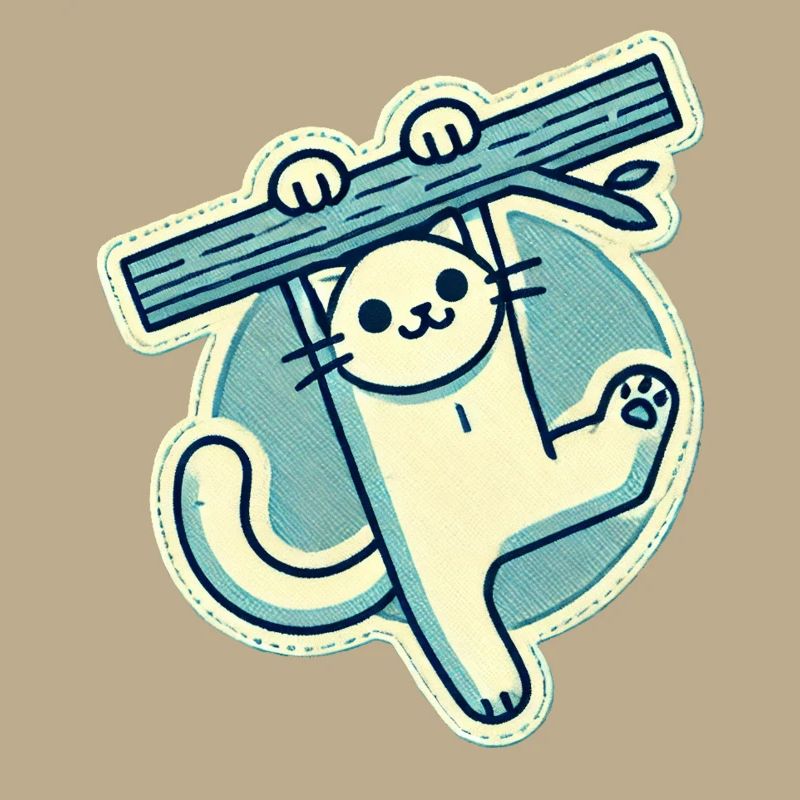 Happy White Cat hanging from a branch