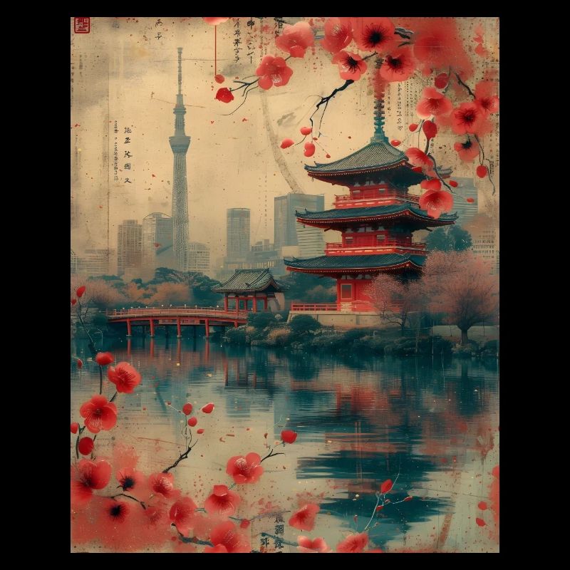 Eastern Harmony: Vintage-Skyline von Tokio mit Kirsche