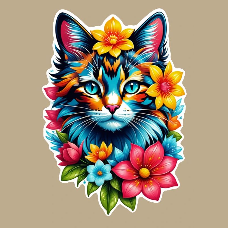 chat et fleur aquarelle