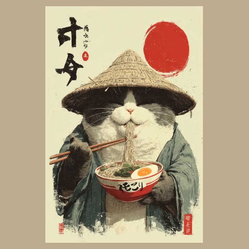 Chat samouraï mangeant des ramen