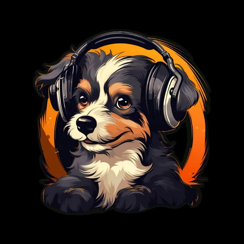 Süßer Hund Welpe mit Kopfhörern Berner Sennenhund