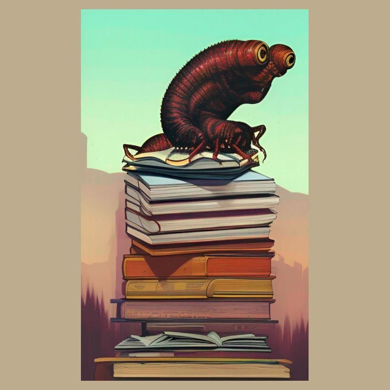 Comic Cartoon Creepy Bookworm Book Stack