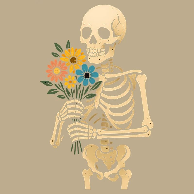 Squelette avec bouquet de fleurs