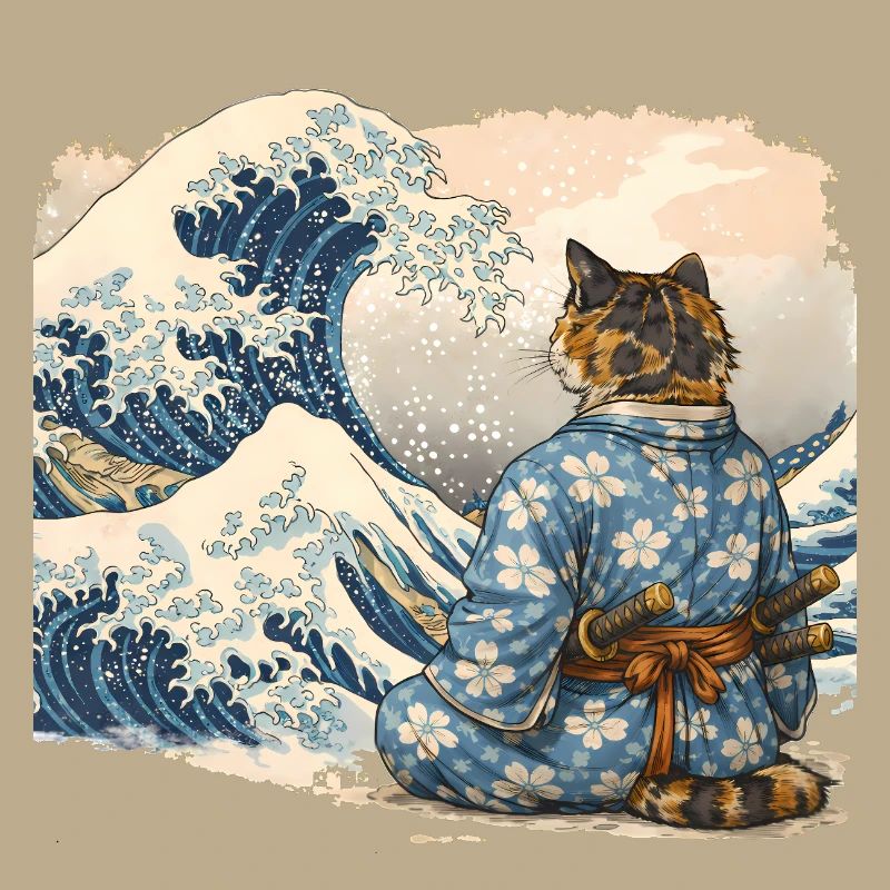 Samurai Cat Wave japanischer Ukiyo-e-Stil