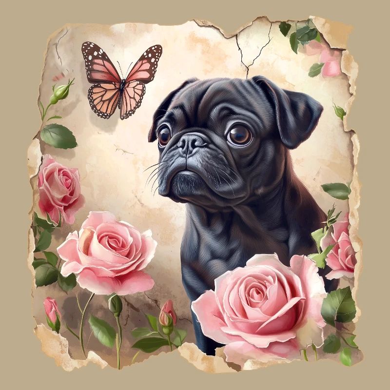 Schwarzer Mops mit Schmetterling