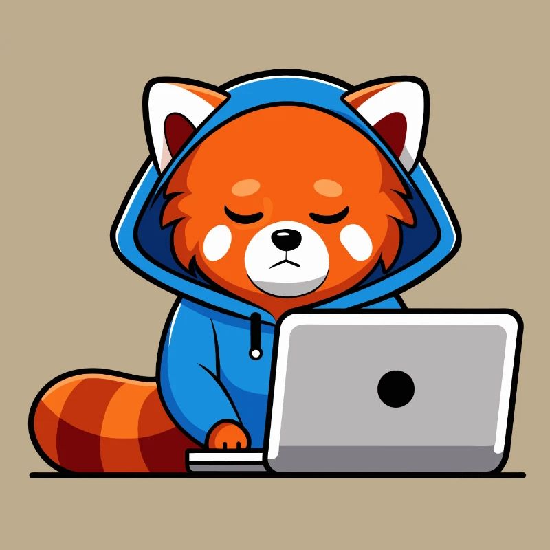 Mignon hacker panda roux en sweat à capuche devant PC