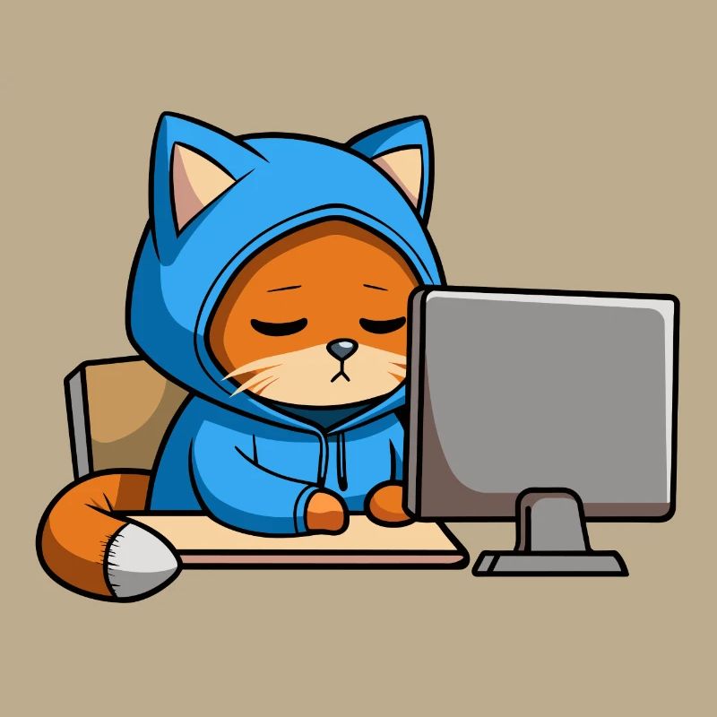 Un chat hacker mignon dort dans un sweat à capuche devant le PC