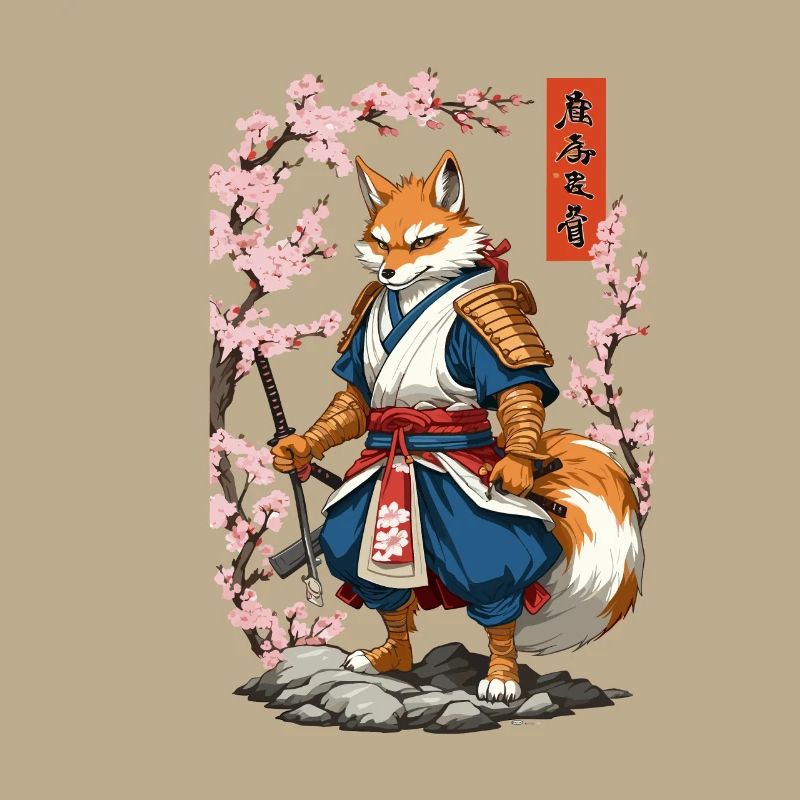 Kitsune Samurai Fox Vintage Ukiyo-e Style
