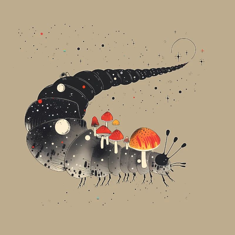Surreal Caterpillar with Toadstools - Forest Motif