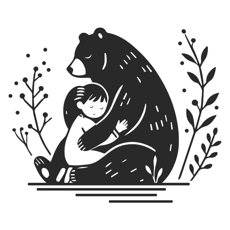 A child lovingly hugs a brown bear