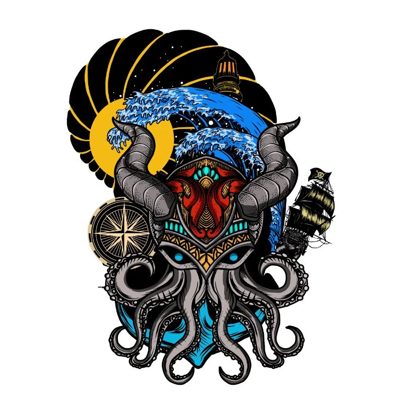 Lustiger Oktopus mit Hörnern und Boot