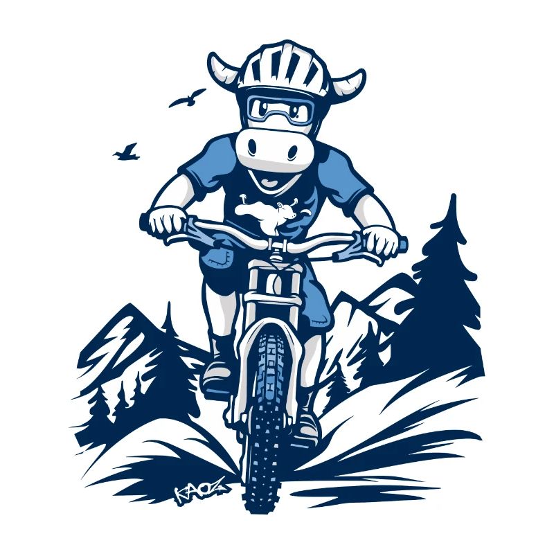 Vache blanche et bleue avec VTT