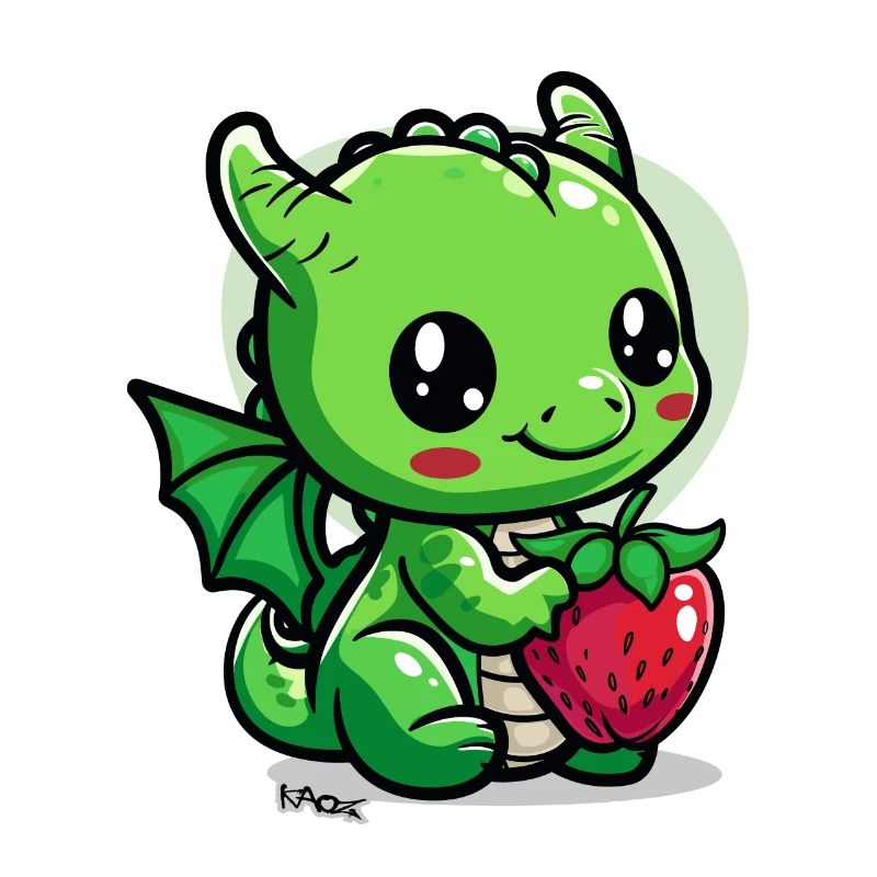 Ein kleiner süßer Drache mit einer Erdbeere