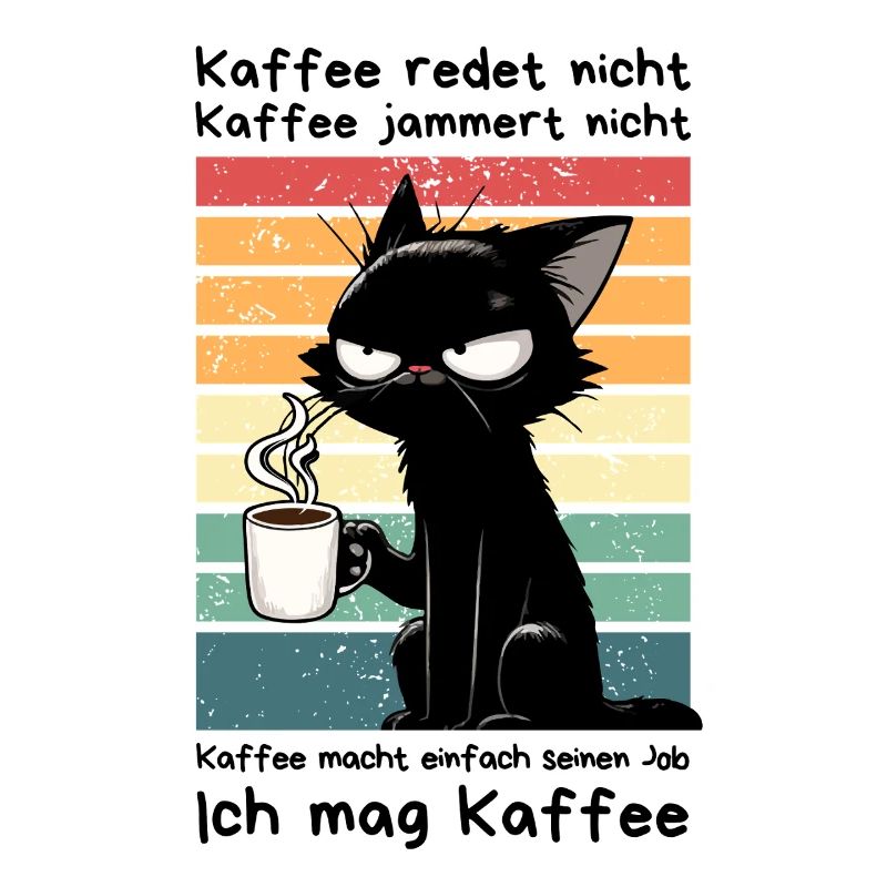Genervte schwarze Katze mit Kaffee und Blick