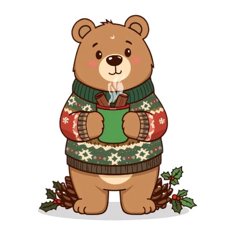 Winter bear with steaming cocoa