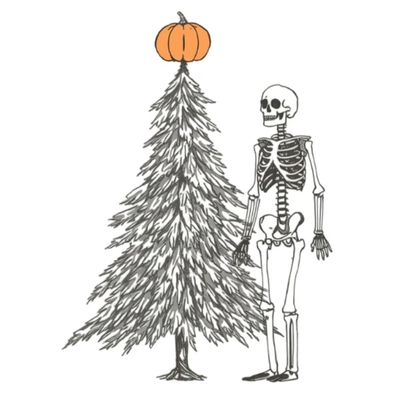 skeleton next to christmas tree