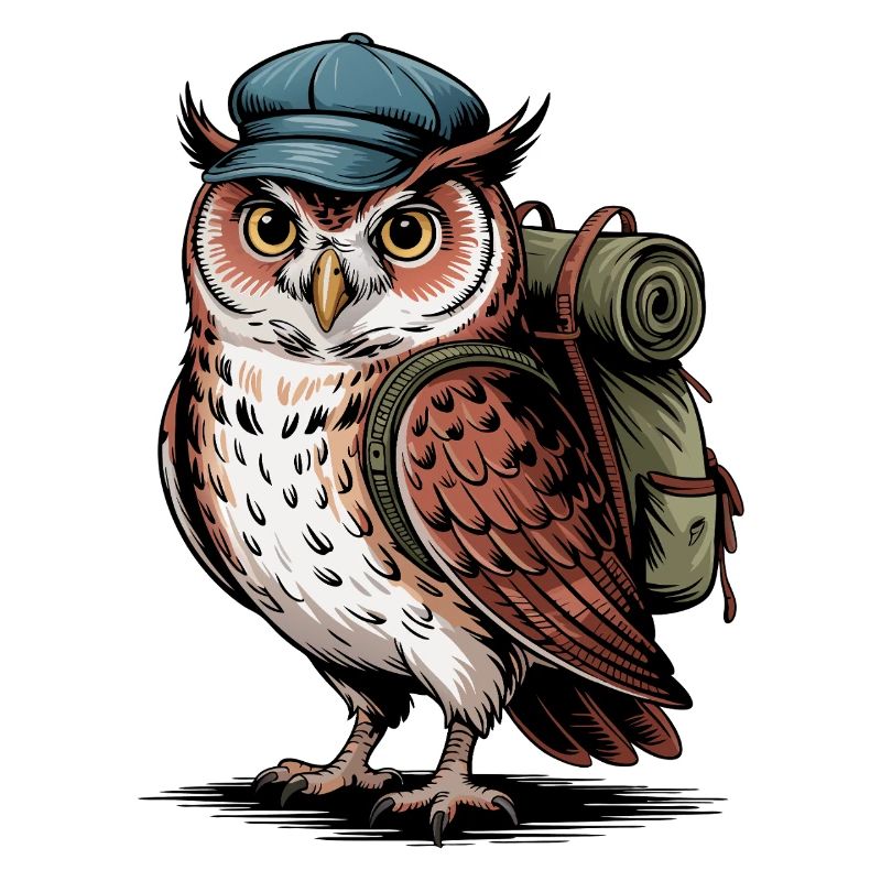 Wandernde Eule mit Rucksack