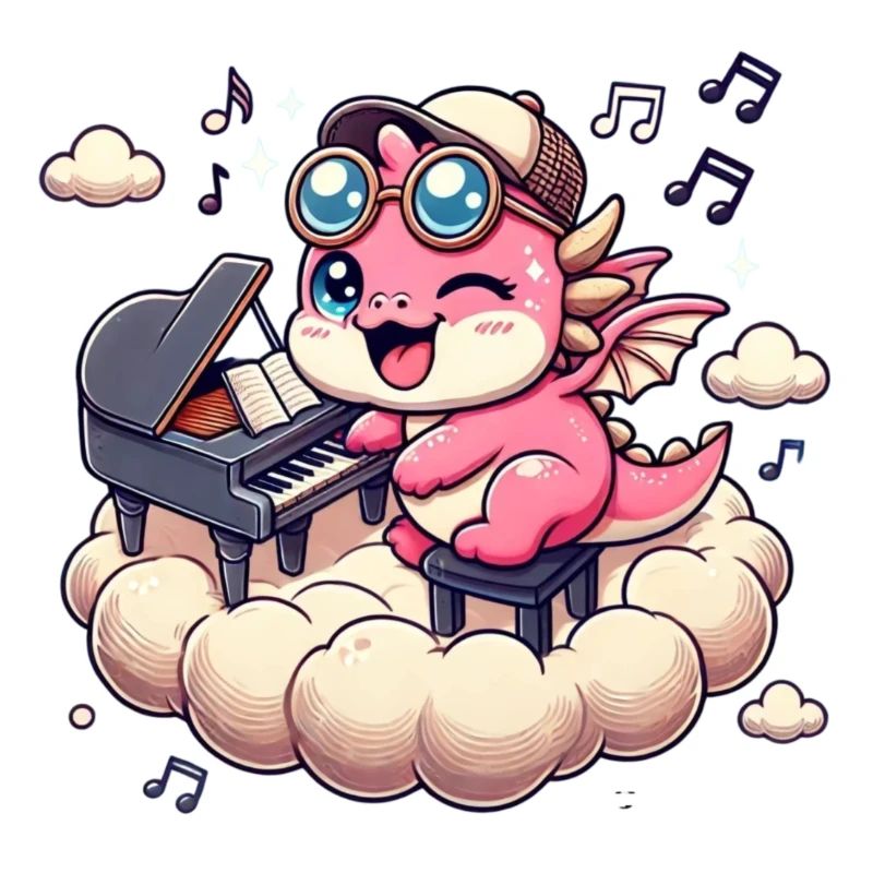 Süßer pinker Drache spielt Piano auf einer Wolke