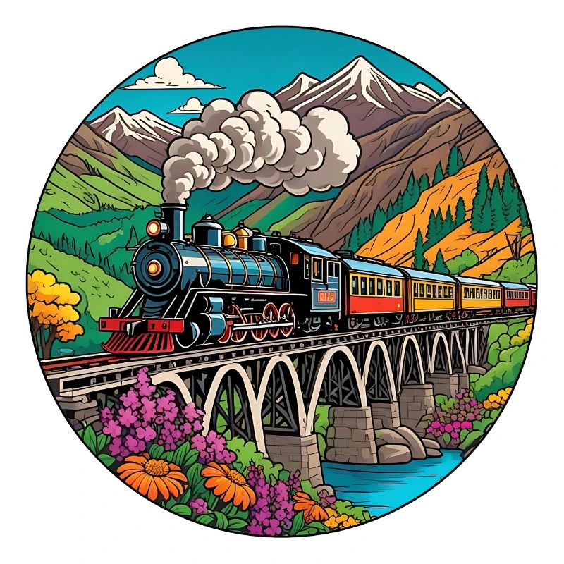Bunter nostalgischer Eisenbahnzug mit Dampflok