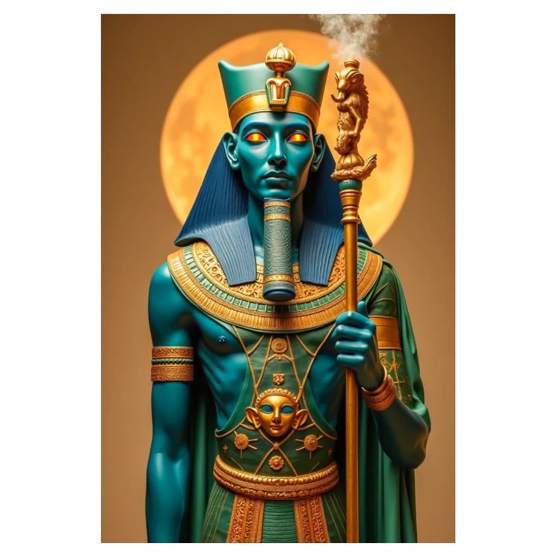 Ptah, blue-skinned god, holding a scepter, glowing
