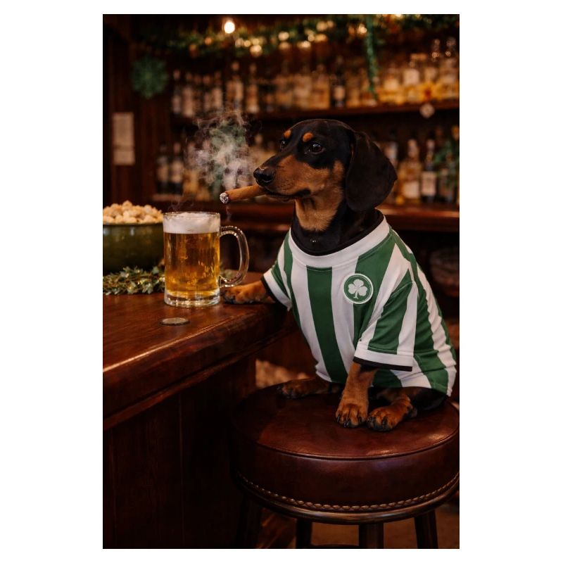 Teckel en maillot de pub avec trèfle