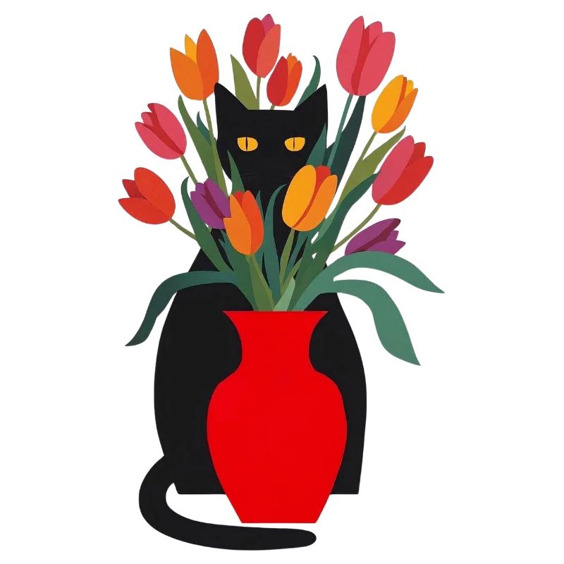 Black cat and tulips