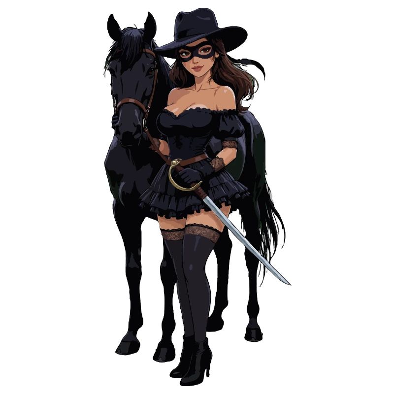 Zorro-Frau mit schwarzem Pferd