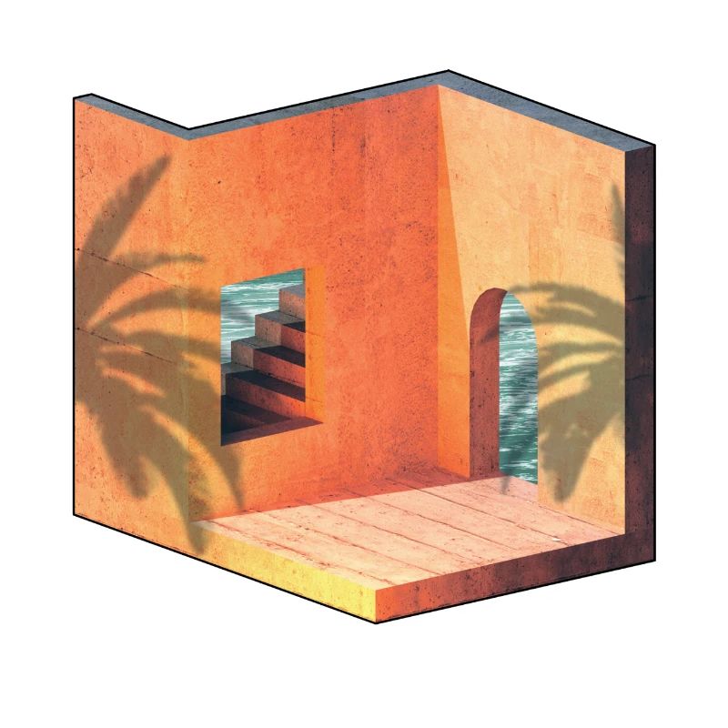 Sun sea architecture summer isometric palm tree