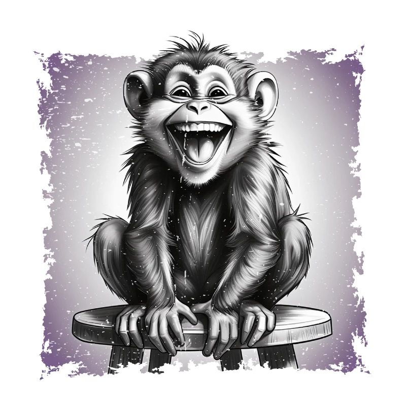 Monkey laughing sitting on stool