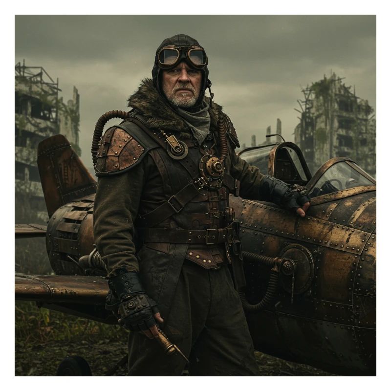 Pilote steampunk sur ruines postapo