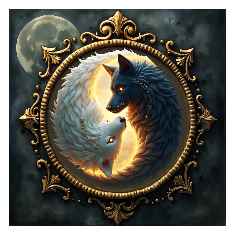 Loups de lune : Yin Yang dans un cadre doré