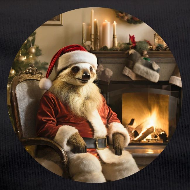 Weihnachtsmannfaultier vor Kamin