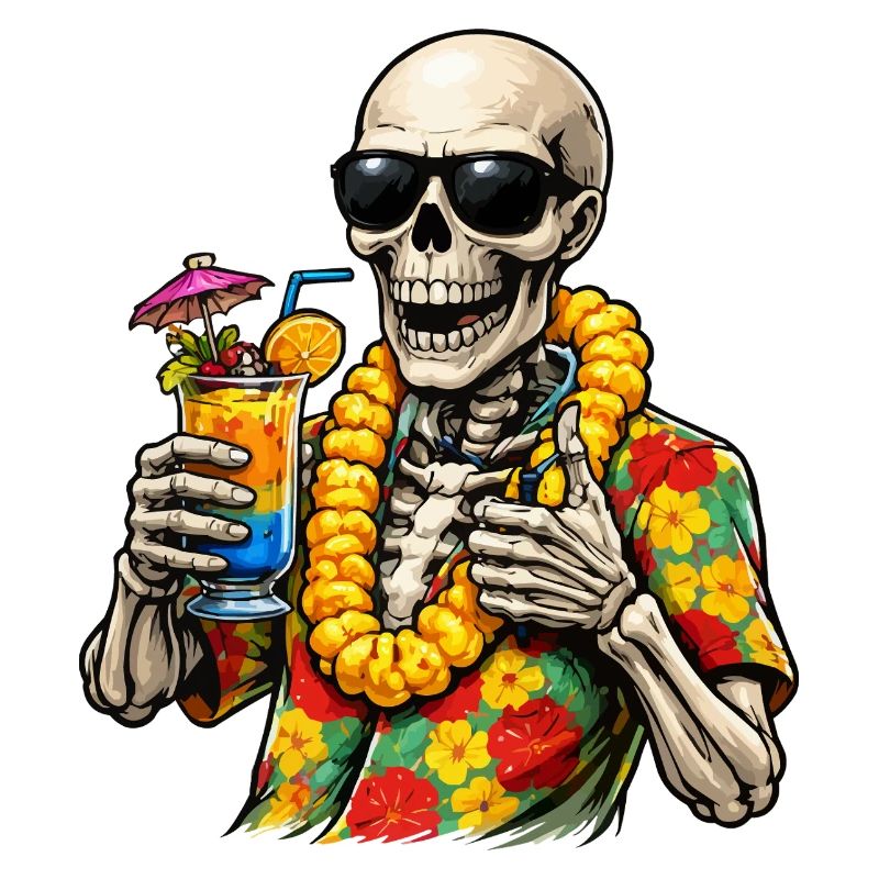 Scheletro in Hawaiian con un look con alcol