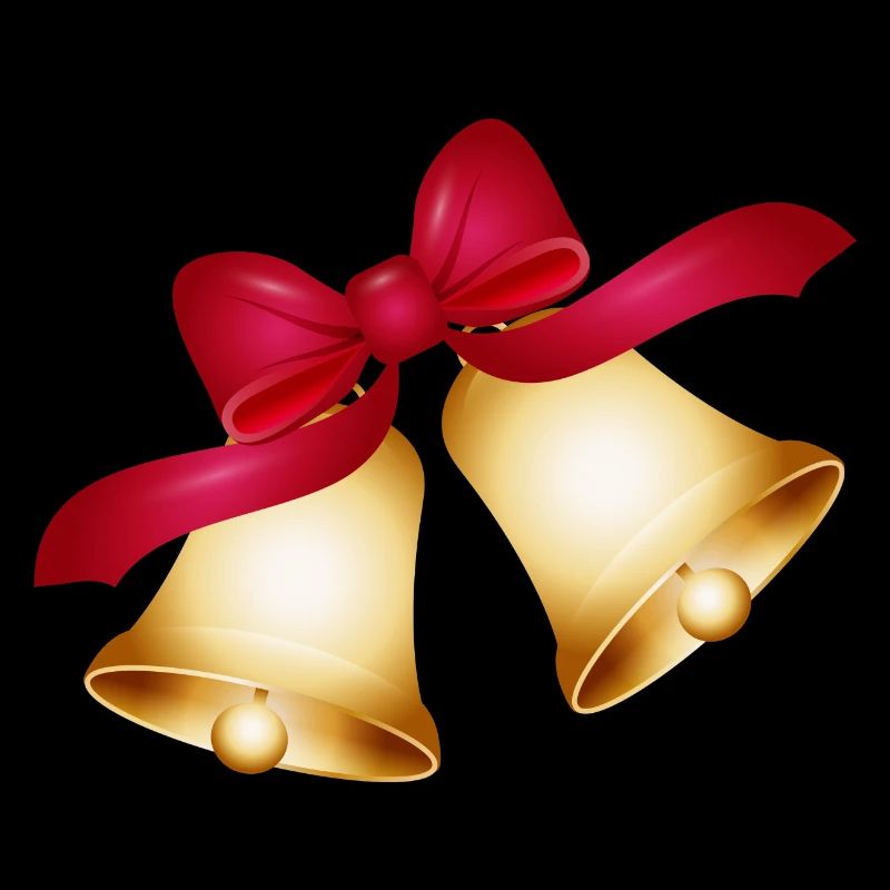 two golden bells with a large red bow
