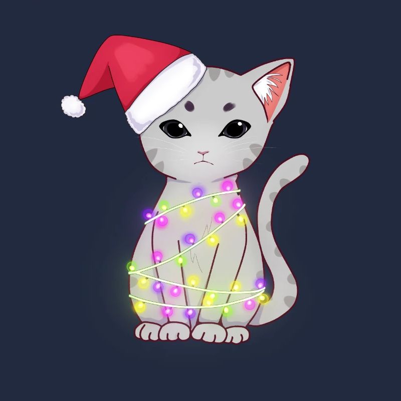 Niedliche graue Katze mit Weihnachtslichtern, Weihnachtsmütze