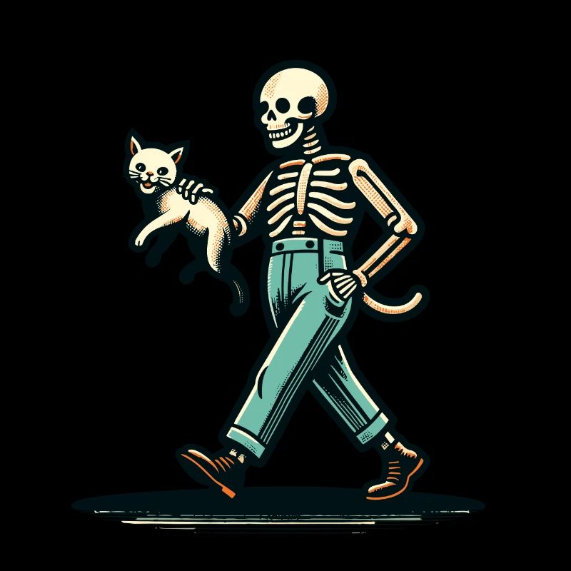 Dessin animé rétro drôle squelette chat propriétaire