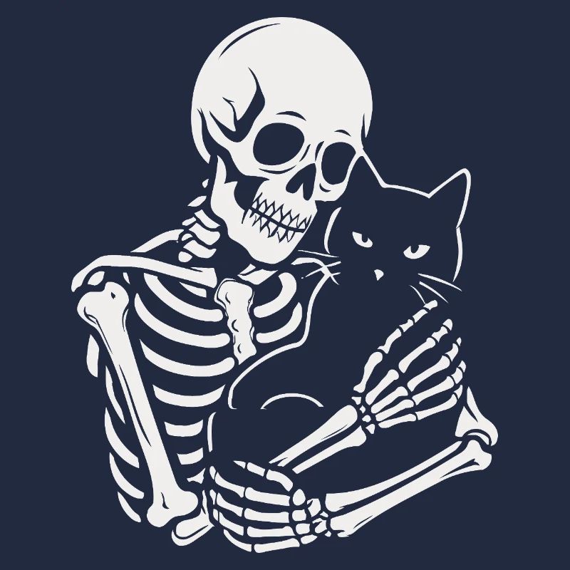 Skelett streichelt schwarze Katze