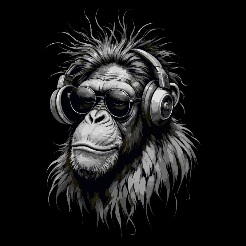 Cooler Musikaffe mit Kopfhörern - Graustufen