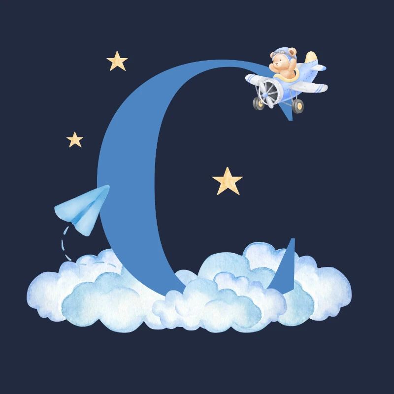 Letter c blue clouds airplane child