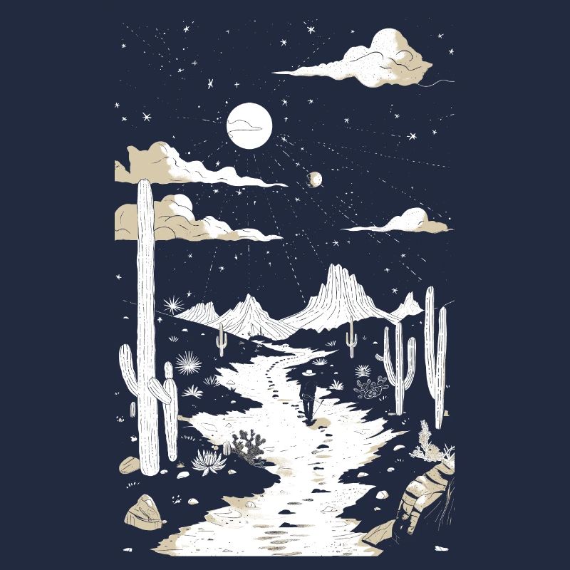 Path through the desert with footprints and cactus