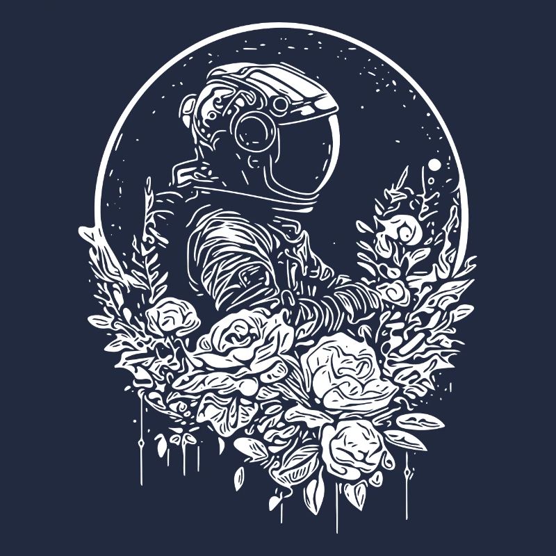 Astronaute dans un parterre de fleurs vintage au clair de lune