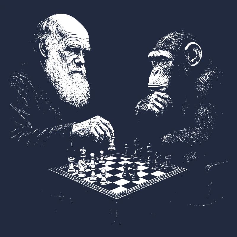 Charles Darwin plays chess with monkey