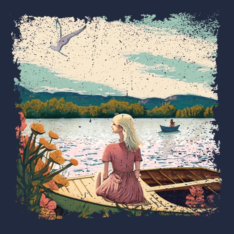 Frau sitzt im Boot am Wasser