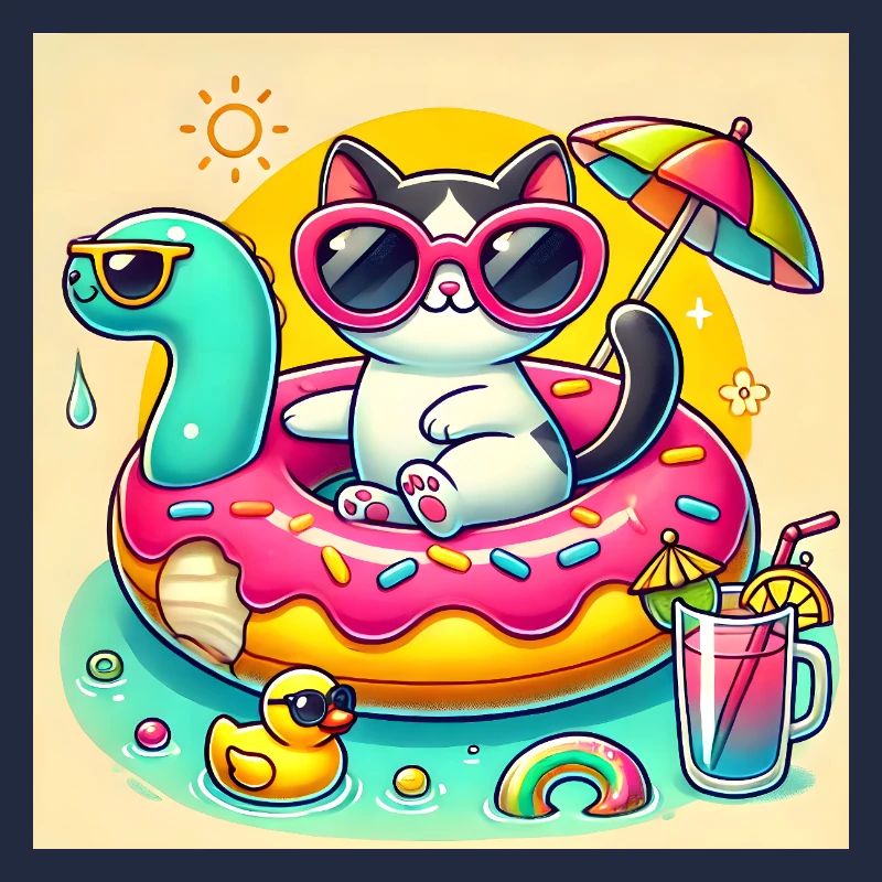 Chat Mignon sur Bouée Piscine Colorée