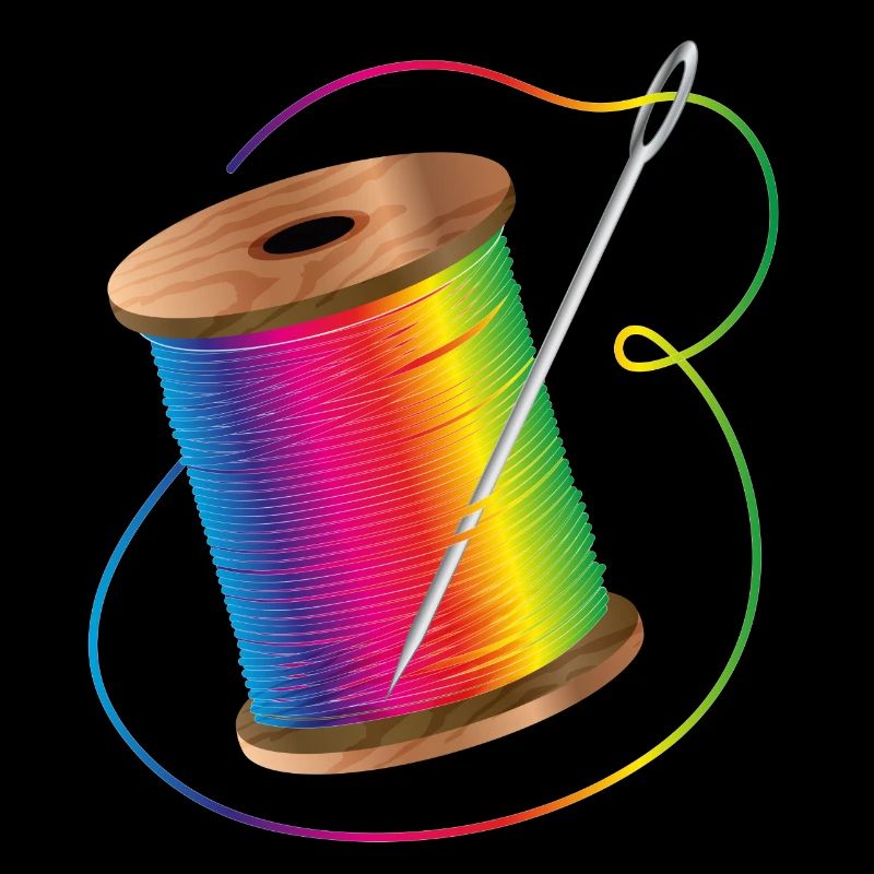 leuchtender Nähgarn in Regenbogenfarben mit Nadel