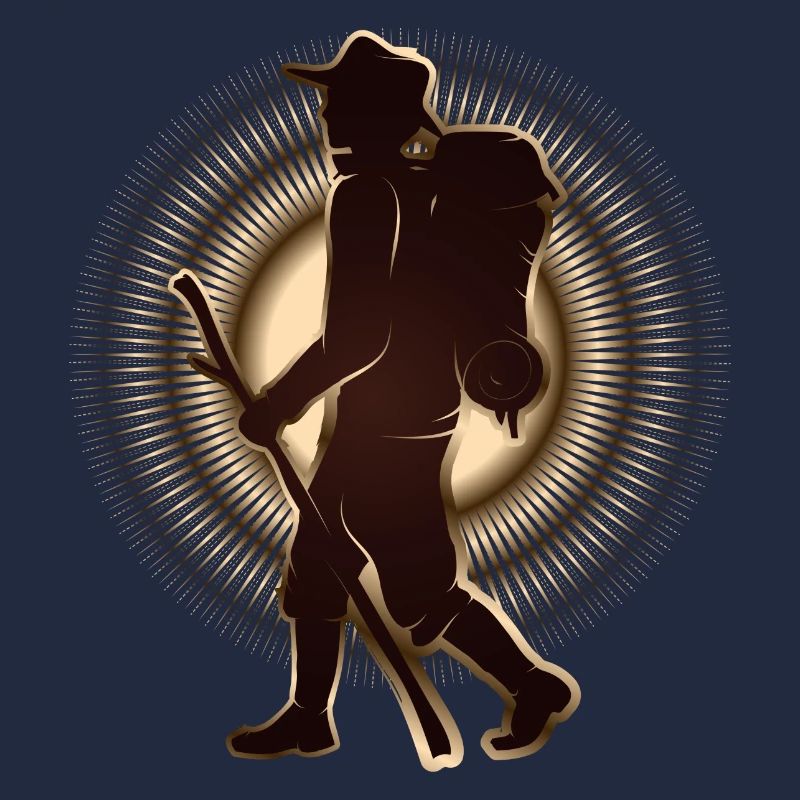 Pilgrim or hiker with walking stick & backpack