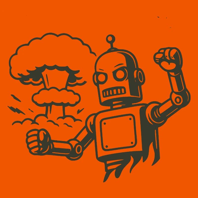 Retro robot in front of explosion cloud