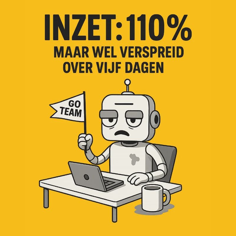 COMMITMENT: 110% – Robot at work with dry humor