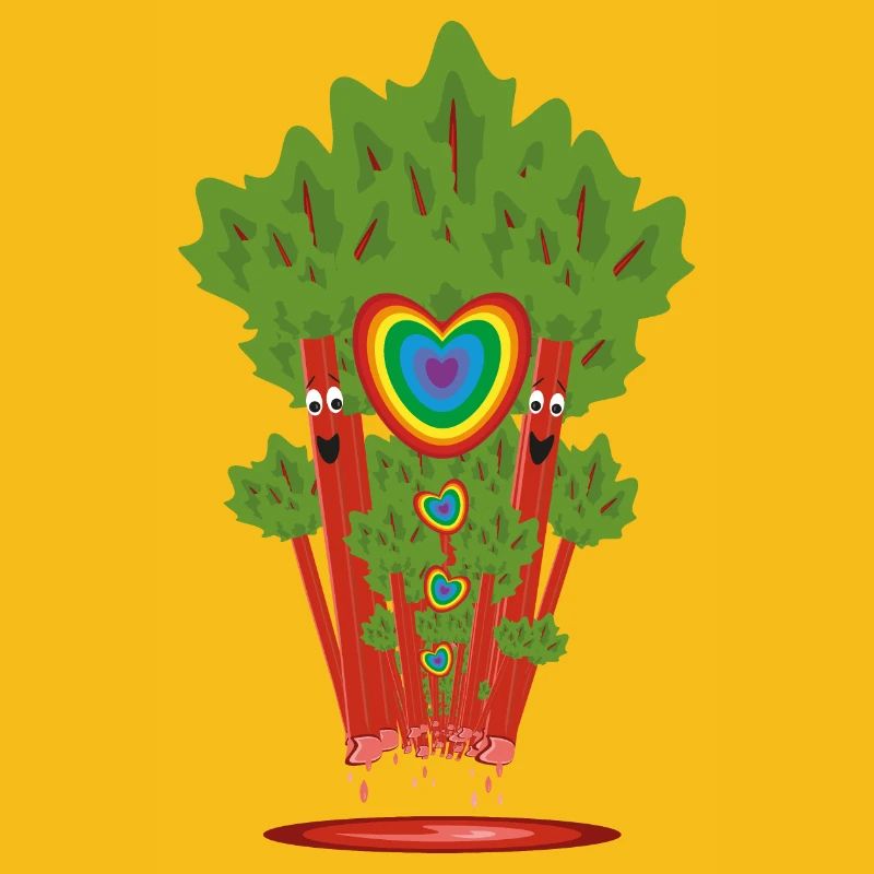 Rhabarber trifft Regenbogen mit vielen Herzen.