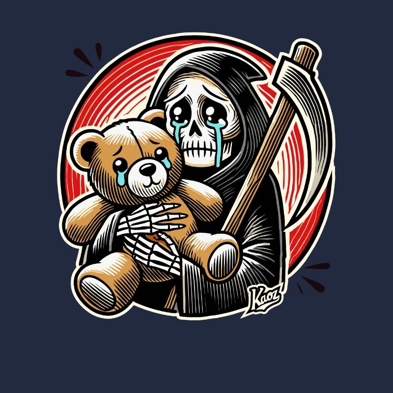 Weinender Sensenmann knudelt ein Stofftier